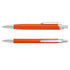 Two metal pens in a vibrant orange colour, featuring a sleek design with silver accents and a clip.