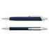 A metal pen set in navy blue with silver accents, featuring a sleek design and a branding logo.