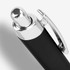 A metal pen with a glossy silver clip and a sleek black barrel, featuring a logo near the top.