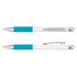 A metal pen duo featuring a turquoise grip and silver accents, with a sleek white barrel and a logo.