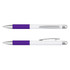 A metal pen with a purple grip and a white barrel, featuring silver accents and a clip.
