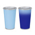 A drink cup in blue, featuring a smooth gradient changing to dark blue, with a metallic interior and a logo.