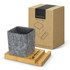 A bamboo phone stand desk caddy features a grey felt container and comes with an eco-friendly cardboard packaging.