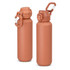 A drink bottle in terracotta colour, featuring a secure lid and a clip attachment. It has a logo on its body.