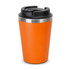 An orange coffee cup with a stainless steel band and a black lid. The cup has a smooth finish and a secure top.