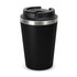 A black coffee cup with a stainless steel band and a black lid. It features a logo on the side.