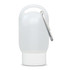 A transparent gel hand sanitiser bottle with a silver carabiner, featuring a white cap.