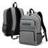 A grey backpack featuring padded straps, mesh side pockets, and a logo on the front.