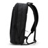 A black soft touch backpack with padded straps and multiple zippered compartments, featuring a logo.
