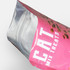 A pink foil stand-up pouch with an angled opening, featuring a clear section and a logo.