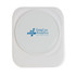 A white wireless charger featuring a round charging pad and a brand logo in the center.