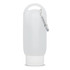 A translucent white gel hand sanitiser bottle with a carabiner clip attached.