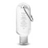 A clear carabiner hand sanitiser bottle, 55ml, featuring a silver clip and a flip-top cap.