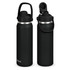 A drink bottle in matte black with a screw-on lid and a carry handle, featuring a logo.