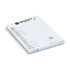 A recycled sticky pad in white with green floral designs, featuring 50 sheets and a checklist format.