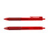 A set of two red gel pens with a transparent barrel and textured grip.