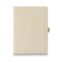 A recycled paper hard cover notebook in a light beige colour, featuring a band and a ribbon bookmark.