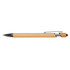 A bamboo pen with a natural finish and silver accents, featuring a clip and a black ballpoint tip.