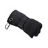 A folded black travel towel secured with a strap and carabiner, featuring a textured surface.