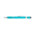 A turquoise pen with a silver clip and tip, featuring a textured grip and a stylus on the end.