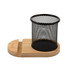 A bamboo pen tidy phone stand featuring a black mesh holder on a bamboo base, designed for organising stationery.