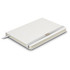 A white notebook with a grey elastic strap and a branding logo on the cover, featuring a smooth design and hardback.