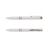 A white recycled ABS pen with chrome accents, featuring a clip and smooth finishes. It includes a logo.