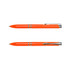 An orange pen with silver accents and a clip, featuring a logo on the body.