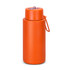 An orange vacuum bottle with a lid and a strap, featuring a logo on its surface. Holds 1 litre.