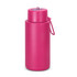 A drink bottle in vibrant pink, featuring a lid with a spout and a loop for easy carrying, includes a logo.