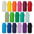 A drink bottle collection featuring various colours including white, yellow, pink, purple, green, and black, with a logo.