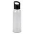 A drink bottle in clear plastic with a black, curved lid. It features a simple design and has a logo.