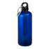 A drink bottle in vibrant blue, featuring a black cap and a loop for securing. It has a logo on one side.