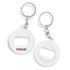 A drink bottle opener key ring in white with a metallic chain and attached keyring, featuring a logo.