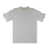 A grey t-shirt with short sleeves and a brand logo on the neckline.