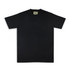 A black essential t-shirt with a crew neckline, featuring a label inside and a logo on the front.