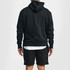 A black hoodie featuring a back view, paired with black shorts, and includes a logo on the garment.