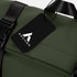 A green soft-touch flap backpack featuring a black tag with a logo. The backpack has adjustable straps for comfort.