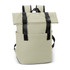 A soft-touch flap backpack in cream with black straps and a front pocket. It features a minimalistic design.