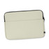 A soft-touch laptop sleeve in cream with a black zipper and a branding logo on the side.