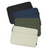 A collection of four soft-touch laptop sleeves in black, navy, olive green, and cream, featuring zippers and a logo.