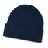 A blue beanie with a folded cuff and a textured finish, featuring a logo on one side.
