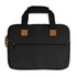 A black laptop bag featuring sturdy handles and a zippered pocket on the back, with brown accents.
