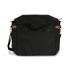 A black messenger bag with brown accents, featuring a zippered front pocket and an adjustable strap.