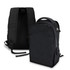 A black daily backpack with a sleek design, featuring padded straps and a logo on the front.