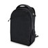 A black backpack with a sleek design, featuring a logo and a hang tag.