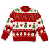 A red and white knitted jumper featuring snowmen, Christmas trees, candy canes, and hearts. Includes a logo.