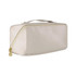 A light beige toiletry bag with a gold zipper and a handle, featuring a logo on the side.