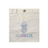A cream canvas bag featuring a decorative logo in pastel colours on the front.