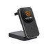A black and silver wireless charger with a logo on the front, featuring a sleek design for easy device docking.